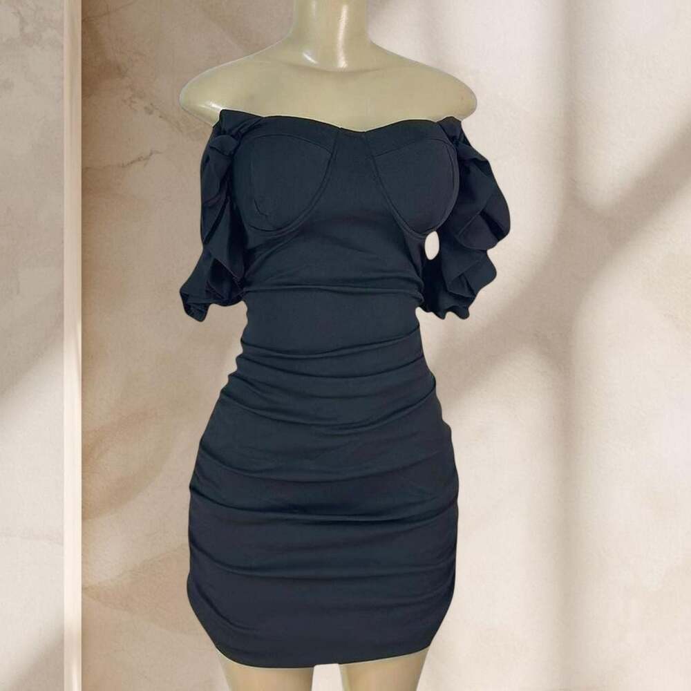 Black Ruched Mini Dress – Ruffle Strap Bodycon Corset Style Sexy Elegant ✧ L - Picture 3 of 4